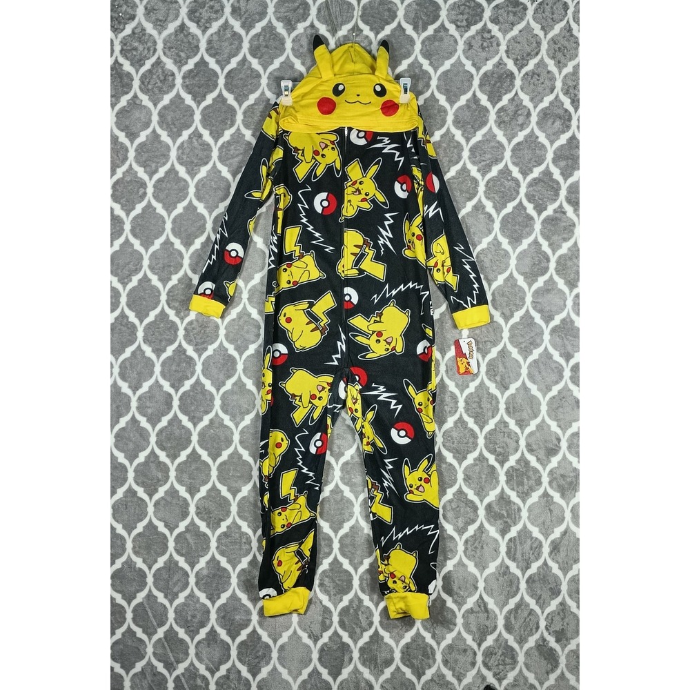 Pokemon One Piece Pajamas Boy Size 12 Black Yellow Pikachu Hooded Fleece Sleeper